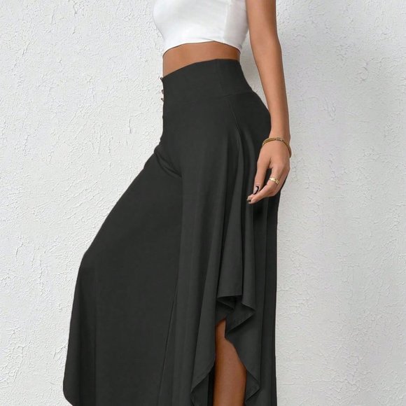 Black Preppy Womens High Waist Asymmetrical Hem Wide Leg Pants - Picture 4 of 5